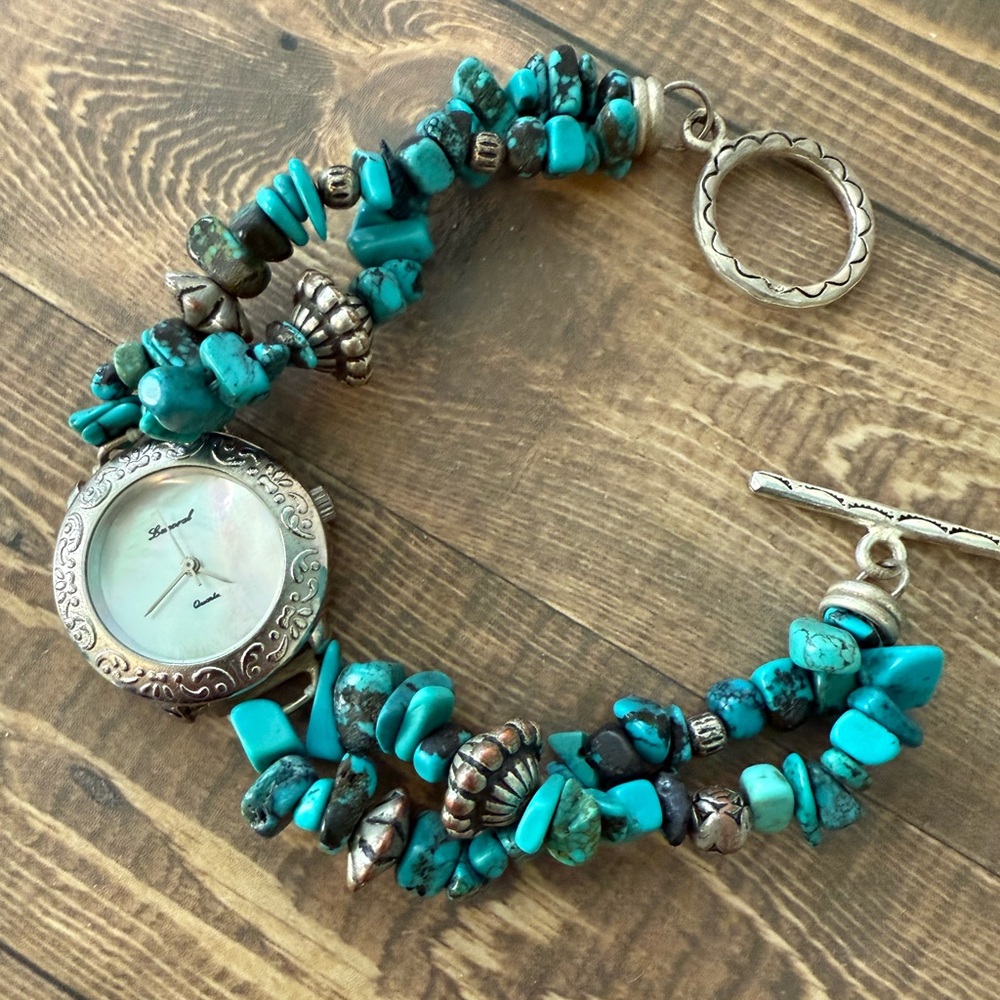 Vintage Lucoral Watch Silver Tone Turquoise Beaded Watch Bracelet Stack